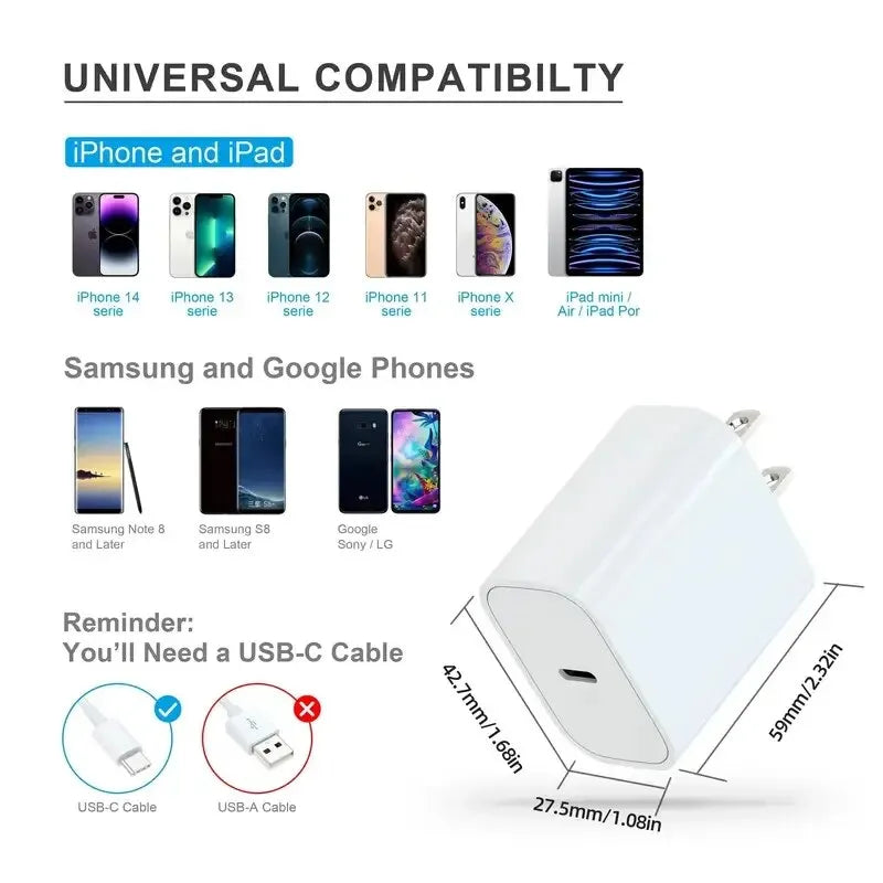 iPhone Fast Charger, 20W USB C Charger Block with USB C to Lightning Cable, Fast Compatible with iPhone14/13/12/11/XS/XR